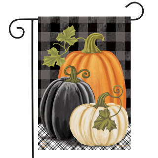 Briarwood Lane checkered pumpkins garden flag with colored pumpkins for autumn seasonal primitive display.