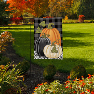 Briarwood Lane Checkered Pumpkins Autumn Garden Flag with colored pumpkins for fall seasonal primitive display.