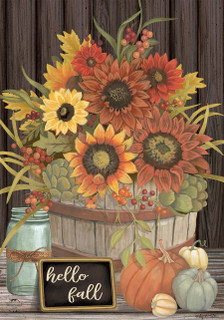 Briarwood Lane Hello Fall Floral Primitive Garden Flag with autumn flowers and pumpkins in wooden bucket.