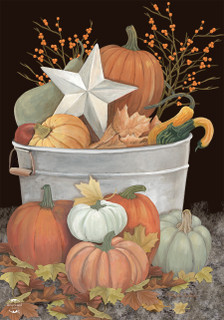 Briarwood Lane Fall Bushel Primitive Garden Flag with pumpkins, gourds, and rustic tin bucket accents.