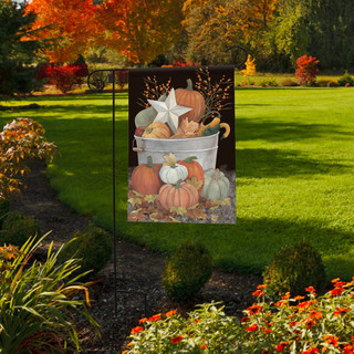 Briarwood Lane Fall Bushel Primitive Garden Flag with pumpkins, gourds, and pip berries in tin bucket.
