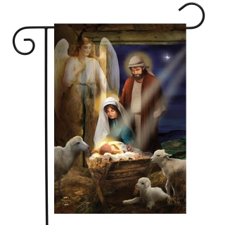Briarwood Lane Holy Nativity Christmas Garden Flag with Mary, Joseph, baby Jesus, angel, lambs, and north star.