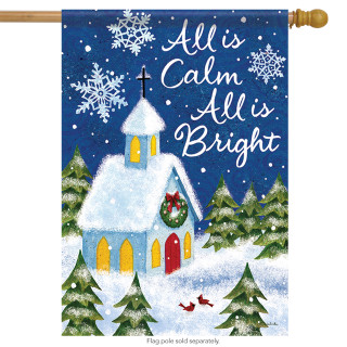 Snowy Church Christmas House Flag