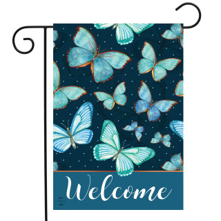 Briarwood Lane Blue Butterflies Spring Garden Flag with colorful, cheery design on decorative, small fabric display.