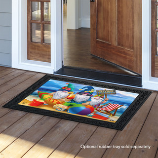 Briarwood Lane Summer Gnomes Humor Doormat with gnomes under sun umbrella on colorful sand shore.