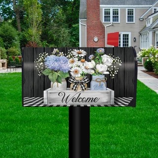 Briarwood Lane crated mason jar spring mailbox cover with colorful flowers and welcome sign on porch.