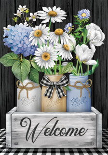 Briarwood Lane Crated Mason Jars Spring Garden Flag with colorful flowers and welcome sign display.
