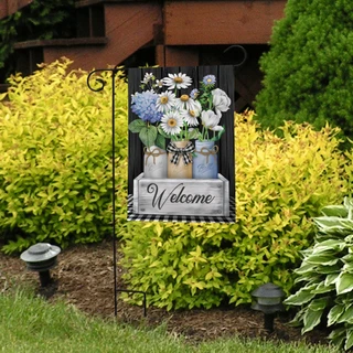 Briarwood Lane Crated Mason Jars Spring Garden Flag with colorful flowers and welcome sign on display.
