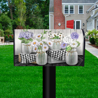 Briarwood Lane checkered mason jar spring mailbox cover with colorful flowers and daisies on a wooden background.