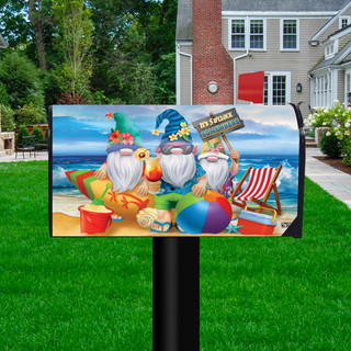 Briarwood Lane Summer Gnomes Humor Mailbox Cover with colorful beach scene and small gnomes relaxing.