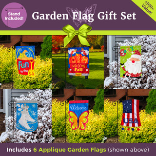 Ultimate Applique Garden Flag Gift Set  - 6 Flags & 3-Piece Garden Flag Stand