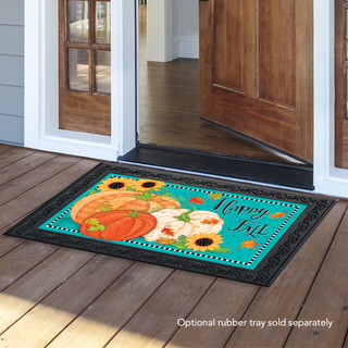Briarwood Lane Whimsical Fall Primitive Doormat with pumpkins, sunflowers, and gourds on a colorful background.