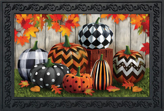Briarwood Lane Patterned Pumpkins Autumn Doormat with colorful gourds and stripes, checkers, polka dots design.