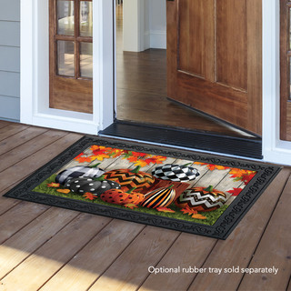 Briarwood Lane Patterned Pumpkins Autumn Doormat with checkered, stripes, gourds on a colorful, decorative floor mat.