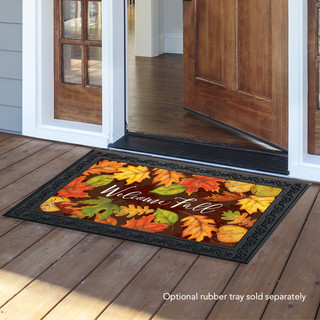 Briarwood Lane Leaf Toss Fall Doormat with colorful, turning leaves and welcome message on porch.