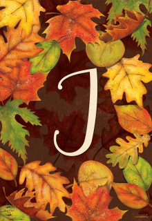 Briarwood Lane Fall Leaves Monogram Letter J colorful garden flag with vibrant autumn foliage design.