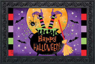 Briarwood Lane Witch Feet Halloween Doormat with colorful witch, broom, cauldron, spider, and full moon.