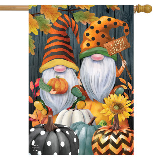 Briarwood Lane Fall Gnomes house flag with colorful, patterned design featuring pumpkins, polka dots, and stripes.