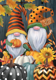 Briarwood Lane Fall Gnomes Humor House Flag with colorful, patterned pumpkins and polka dot hat.