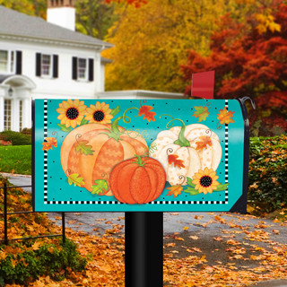 Briarwood Lane small printed mailbox cover with colorful fall pumpkins, sunflowers on teal background.