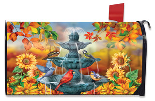 Briarwood Lane autumn mailbox cover with colorful birds, fountain, sunflowers, and fall leaves design.