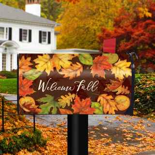 Briarwood Lane Leaf Toss Fall Mailbox Cover with colorful, turning leaves and welcome fall text.