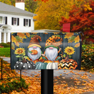 Briarwood Lane Fall Gnomes Humor large mailbox cover with magnetic, patterned, colorful gnomes and pumpkins.