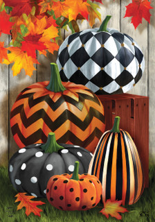 Briarwood Lane designed garden flag with colorful, cheery pumpkins and stripes, dots, checkered patterns on.