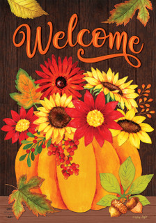 Briarwood Lane small printed Pumpkin Bouquet Fall Garden Flag with colorful sunflowers and welcome sign.