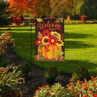 Briarwood Lane small printed welcome garden flag with colorful fall floral and pumpkin design on porch.