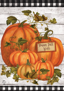 Briarwood Lane Happy Fall Y'all Pumpkins Farmhouse Garden Flag with colorful gourds and rustic autumn design.
