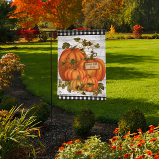 Briarwood Lane Happy Fall Y'all garden flag with colorful pumpkins and gourds on a rustic background.