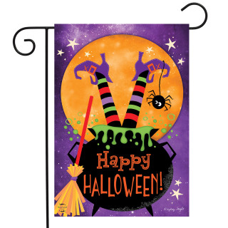 Briarwood Lane Witch Feet Halloween Garden Flag with happy cauldron and witch's brew under full moon.