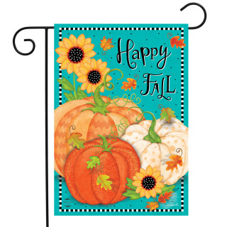 Briarwood Lane small printed garden flag with rustic fall design and sunflowers, pumpkins, and gourds.
