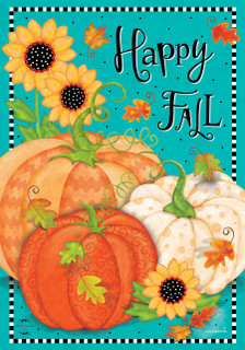 Briarwood Lane Whimsical Fall Primitive Garden Flag with sunflowers, pumpkins and gourds on teal background.
