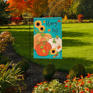 Briarwood Lane small printed garden flag with rustic floral sunflowers, gourds, pumpkins for happy fall display.