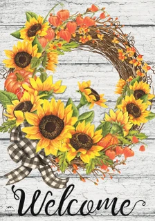 Briarwood Lane's Sunflower Fall Wreath with checkered bow and 'Welcome' text, colorful floral autumn display.