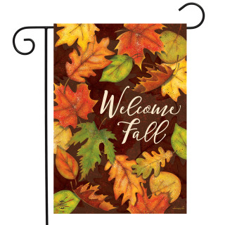 Briarwood Lane small welcome fall garden flag with colorful, printed, turning leaves and decorative design.