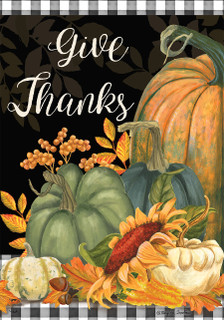 Briarwood Lane checkered garden flag with colorful pumpkins and gourds for a festive fall display.