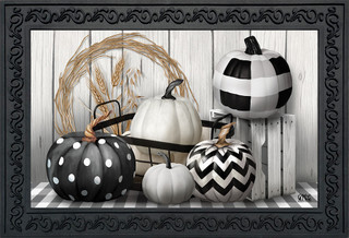 Briarwood Lane Black White Pumpkins Fall Doormat with black, white, and chevron patterned pumpkins design.