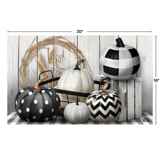 Briarwood Lane Black White Pumpkins Fall Doormat with polka dots, stripes, and chevron patterns.