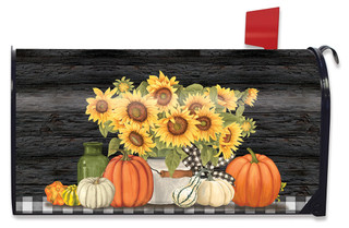 Briarwood Lane Fall's Glory Floral Mailbox Cover with sunflowers, pumpkins, and gourds on rustic background.