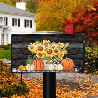 Briarwood Lane Fall's Glory Floral Mailbox Cover with sunflowers, pumpkins, and gourds on rustic background.