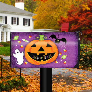Briarwood Lane Halloween Treats Jack O'lantern mailbox cover with bats, candy corn on purple background.