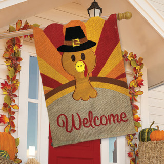Briarwood Lane double-sided turkey flag with welcome text, perfect for Thanksgiving holiday decoration, featuring tom turkey.