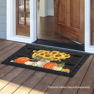 Briarwood Lane Fall's Glory Floral doormat with sunflowers, pumpkins on a rustic, colorful background.