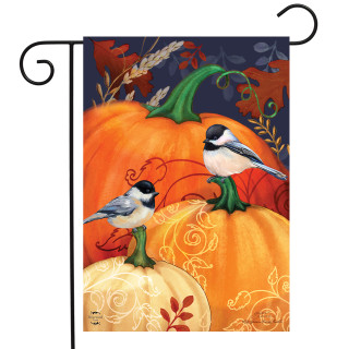Briarwood Lane garden flag with colorful chickadees on pumpkins, autumn design for porch or yard display.