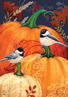 Briarwood Lane small printed garden flag with colorful chickadees on pumpkins for autumn porch display.