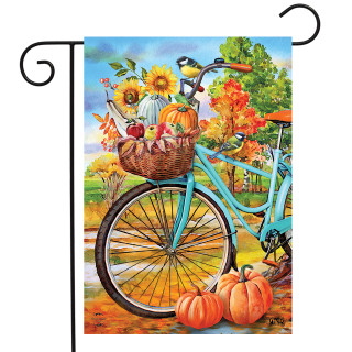 Briarwood Lane autumn garden flag with bicycle, sunflowers, pumpkins, and happy chickadee birds design.