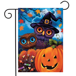 Briarwood Lane Happy Halloween Owls Garden Flag with jack-o-lantern and cute owls outdoor decorative display.